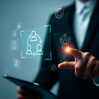 businessman interacting with digital interface icons representing communication collaboration and management skills in a modern workspace featuring technology tools for success in 10 ways