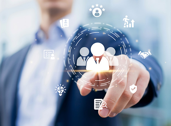business professional interacting with digital icons representing teamwork and growth in a modern setting related to 5 key elements of success