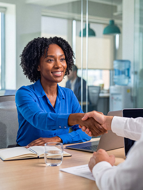 Woman smiling and shaking hands in a modern office during a meeting highlighting professionalism collaboration and successful interactions 4 key traits