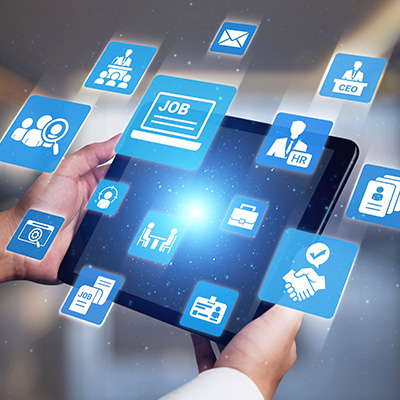 hands holding tablet displaying various job and career icons including HR and CEO symbols with digital connection elements representing the concept of 7 career opportunities