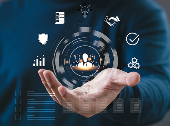 person holding hand out with digital icons representing teamwork security data analytics and growth with six corporate elements