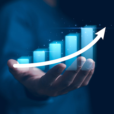 hand holding a transparent bar graph with upward trend representing growth and success in achieving 8 key metrics