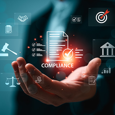a hand displaying compliance document icon surrounded by symbols representing laws targets and business metrics related to effective compliance strategies for 10 key regulations
