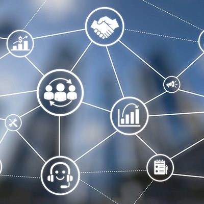 business network connectivity graphic with icons representing teamwork analytics communication customer support and success strategies 4 connections