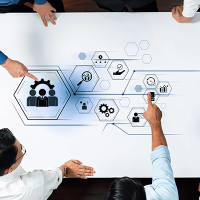 business strategy meeting with visual icons illustrating teamwork and analytics representing the number 8 in collaboration and innovation