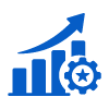 blue graphic showing a bar chart with an upward trend and a gear symbol representing growth strategies and performance improvement for 4 key metrics